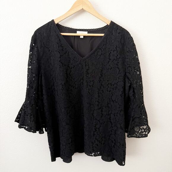 ANN TAYLOR LOFT | Black Lace Blouse Wide Bell Sleeve V-Neck Lined Body | Size XL - Picture 1 of 6